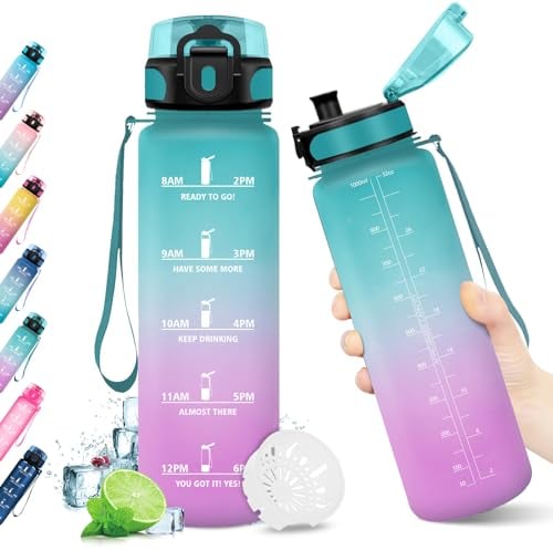 KollyKolla Trinkflasche 1 Liter, Kohlensäure Geeignet, Sport Trinkflasche mit Zeitmarkierungen, BPA-Frei, Sportflasche Auslaufsicher, Wasserflasche für Kinder, Erwachsener, Schule, Gym, Büro, Fahrrad