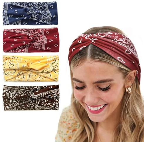 VYZUTR Haarband Damen Breite Elastische Weiche 4 Pcs Sommer Boho Stirnband Print Bandana Yoga Sport Haarband Mehrfarbig Haarband Damen Sommer Dünn Stirnbänder
