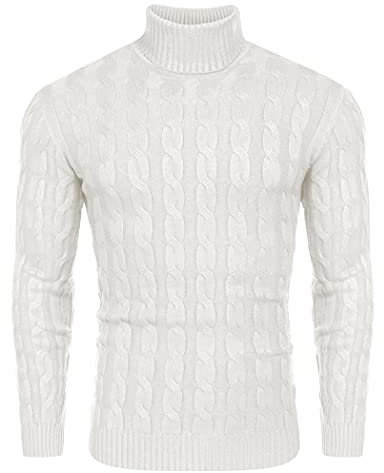 COOFANDY Herren Pullover Rollkragen Strickpullover Zopf Pullover Turtleneck Rollkragenpullover Warme Sweater Winter Basic Weiß L