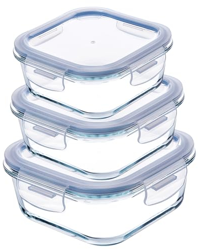 KADAX 3er Set Hitzebeständige Glasbehälter mit Deckel, Lebensmittelbehälter aus Robustem Glas, Aufbewahrungsbehälter, Gefrierbehälter, Frischhaltedose (Quadrat 3er SET)