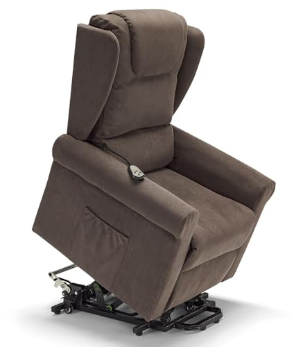 Poltrona relax elettrica Detroit per anziani, 2 motori, 2 o 4 ruote ruote, reclinazione e alzapersona, cuscinetto lombare, tessuto idrorepellente (Con Kit Optional Roller System - 4 Ruote, Fango)