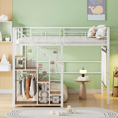 PUGSDRLY Hochbett für 2 Personen, Kinderbett, Hochbett für Kinder, 140 x 200 cm, mit Sicherheitstreppe, Stauraum und kleinem Schrank, hohes Zaundesign, Weiß