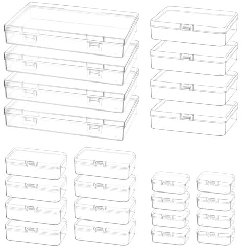 QWORK® Set of 24 Plastic Storage Box with Hinged Lid, Rectangular Storage Containers for Beads, Jewelry and Craft Items - in 4 Sizes from 55x40x20mm to 175x106x26mm