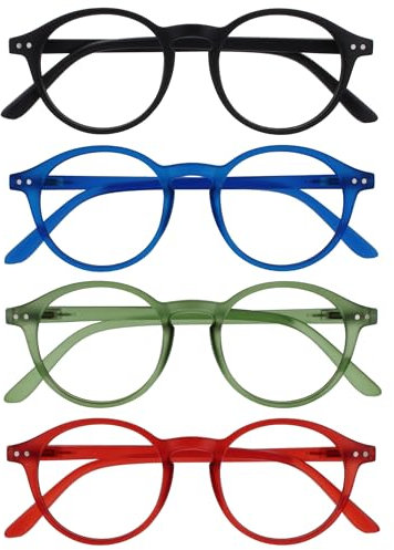 OPULIZE REY Lesebrille - 4er-Pack - Runder Retro-Rahmen - Mattschwarz, Blau, Grün, Rot - Herren Damen - Federscharniere - RRRR56-136Z - +2.00