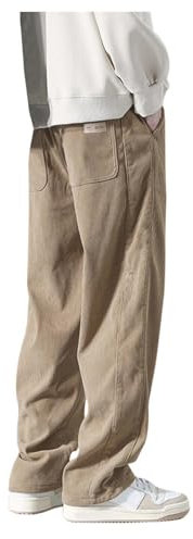 Men's Drawstring Elastic Waist Loose Straight Leg Corduroy Pants with Pockets Big (Khaki, M)