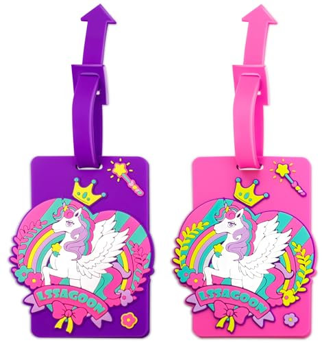 Licorne Etiquette Valise Silicone, Etiquette Bagage 2 pièces avec Nom Adresse Informations, Porte-Nom Identification pour Valises Sac A main Sac A Dos, Luggage Tag pour Avion Croisière Voyage École