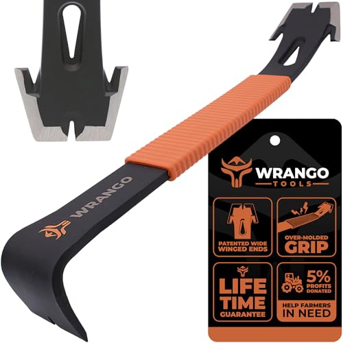 Wrango Tools - 15 Flat Bar Pry Bar - Patented Wide Winged Ends - Heavy Duty Crowbar with Nail Pullers - High Carbon Steel with Shock Absorbing Grip - Roofing & Construction Tool - 5% Donated To Help Farmers