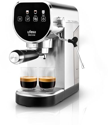 Ufesa Sienna Cafetera Espresso y Capuccino, Presión 20 Bares, Panel Táctil Digital, 1360W, Vaporizador Orientable, 0.9L, 1 o 2 Cafés, Función Calienta Tazas, Sistema Thermoblock, Inox
