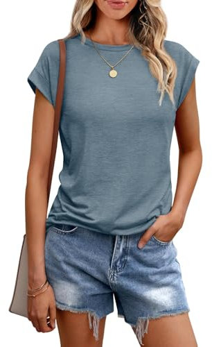 Cuptacc Tops Für Damen T Shirt Rundhals Oberteile Damen Bluse Kurzarm Sexy Top Sommer Blau XL 46-48