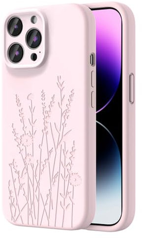 OAOA Magnetic Engraved Case Compatible with iPhone 14 Pro Case, Compatible with Magsafe, Camera All-Round Protection, Slim Liquid Silicone Phone Case for Women Girls, Chalk Pink Flower