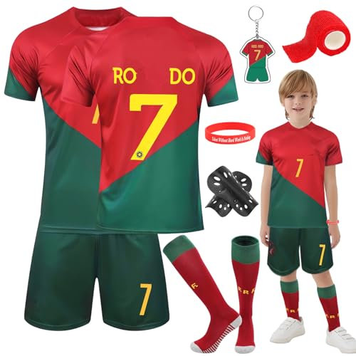 Heartsking Kids Football kit, Home Away Soccer Jerseys Football Kits for Kids Boys Girls, Football Training Shirts Shorts Socks Guard Plate Keychain Bracelets and Bandages, Gifts for Children