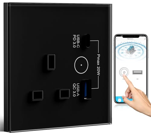 BSEED WiFi Smart Socket With USB and Type C, 13A Black - Compatible With Alexa and Google Home, Timer With APP Remote Control and Smart Life