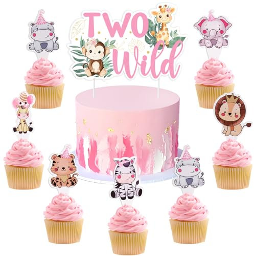 kreat4joy Two Wild 24pcs Pink Safari Animal Cupcake Toppers, 1pcs 5.6*3.5 inches Cake Topper for Girls 2nd Birthday Party