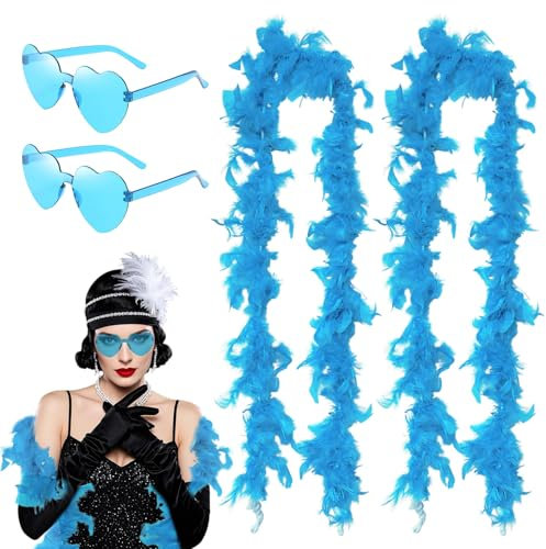 SAIIURV 4 Stück Federboa Herz Brille Kostüm für 20er Jahre Style Flamingo Kostüm Faschingskostüm Accessoire Charleston Karneval Fasching Halloween Weihnachten Kostüm Hochzeit Ankleiden Party (Blau)