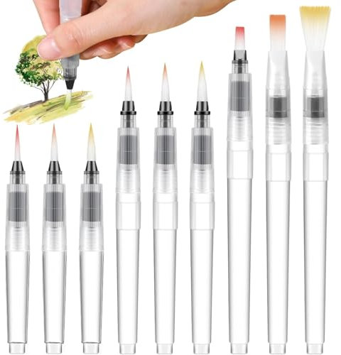 RODISHOMM 9 Stück Wasserpinsel Stifte, Aquarellpinsel mit Nachfüllbarem Wassertank, Aquarellfarben Mischpinsel Set für Malerei und Kunst