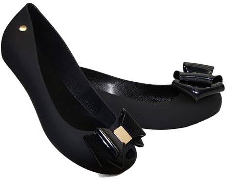 Bismaa Womens Black Jelly Shoes with Bow - Ladies Comfy Slip-On Casual Wear Every-Day Jelly Flats Ballerina Pumps, 7 UK