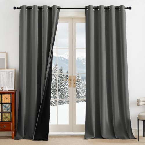 PONY DANCE 100% Verdunklungsvorhänge Grau Thermo Gardinen gegen Kälte | 2er Set H245 x B140 cm, Vorhänge Blickdicht, Kälteschutz, Sichtschutz, UV-Schutz, mit Ösen, für Schlafzimmer Wohnzimmer