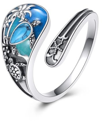 URONE Spoon Ring 925 Sterling Silver Turquoise Turtle Adjustable Open Adjustable Thumb Rings Ocean Jewellery for Women Sea Turtle Lovers