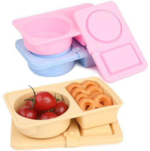 Lekeeu Leak-Proof Silikon Snack Container 3 Stück Gewürzbehälter 2 Fächern | Wiederverwendbar Mini Food Behälter mit Deckel Salatdressing für Schulessen Picknicks und Campingausflüge