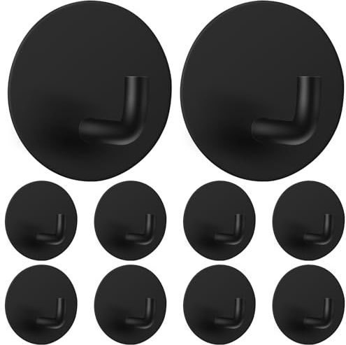 Dntorx 10 Pack Adhesive Hooks, Black Heavy Duty Towel Hook Stick On Hooks Wall for Bathrooms Door Hook Hangers Coat Hooks for Kitchen Home (Black)