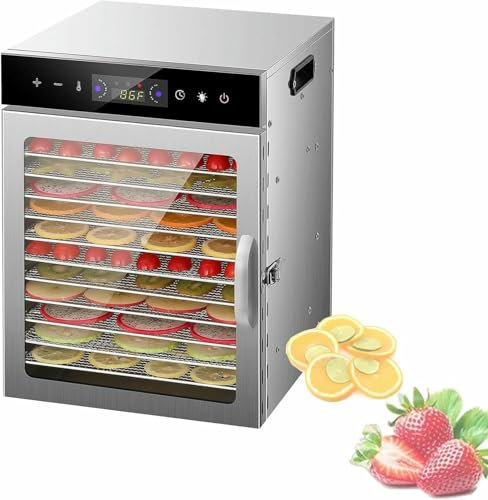 Séchoir à aliments LED 800 W, congélateur en acier inoxydable avec tiroir à 12 niveaux, durée de conservation de 1 à 24 heures, température réglable de 30 à 90 °C, déshydrateur de bœuf commercial
