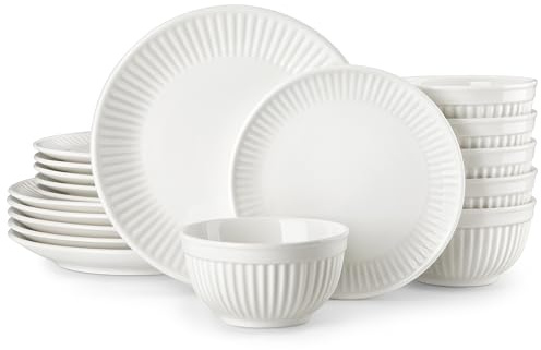 MALACASA 18 Pièces Service de Vaisselle en Porcelaine pour 6 Personnes, Assiettes Service de table Blanc avec Détails en Relief, Passe au Micro-ondes - Série LEILA