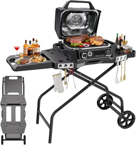 BBQMall Foldable Pizza Oven Table for Ninja OG701, Traeger Ranger, Pit Boss, Blackstone Griddle - Collapsible Outdoor Grill Cart with Side Table Shelf, Hooks, and Wheels