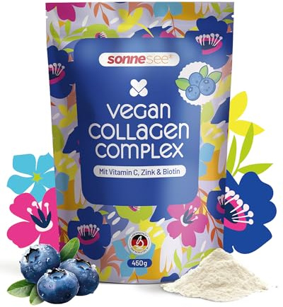 Sonnesee Veganes Kollagen Pulver – Kollagen Komplex mit Vitamin C, Zink & Biotin – Nahrungsergänzung für Haut, Haare & Nägel – 450 g, 30 Portionen, Mehrfrucht Geschmack