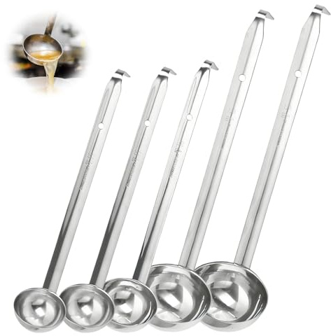 Stainless Steel Hooked Handle Ladle Set - 5 Pcs with Pouring Rim | Soup Ladle Stainless Steel, (1oz, 2oz, 3oz, 4oz, 5oz) with Hook & Long Handle for Cooking Kitchen Soup Sauce