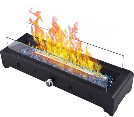 ERYUE 28-Zoll Dekorative Rechteckige Tisch-Feuerstelle aus Glas für Terrasse und Außenbereich, Tragbarer Propan-Kamin für Familientreffen, Eisen + Gehärtetes Glas