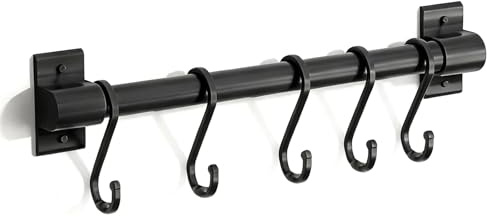 FooYee Soporte Utensilios Cocina, 30 cm Barra Colgador Cocina con 5 Ganchos Móviles, Barra de Gancho de Pared Sin Taladro para Cocina y Baño, para Cucharas, Ollas, Sartenes, Utensilios y Accesorios