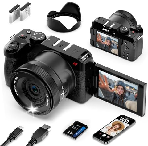 ORDRO 5K Digital Cameras for Photography, 80MP Digital Camera with 18X Digital Zoom, 270°Flip Screen, 32GB SD Card, Lens Hood,2 Batteries, WiFi, Compact Travel Vlogging Camera for Beginners