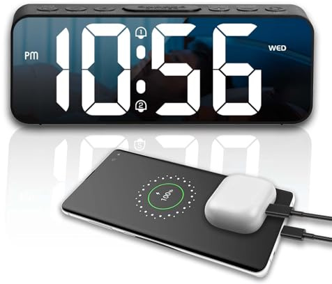 OWYELO Digitaler Wecker mit Großer LED, Helligkeit und Lautstärke Regelbar, Anpassbare Snooze, Temperaturanzeige, Tragbarer Spiegelalarm mit Doppelalarm, 12/24HR