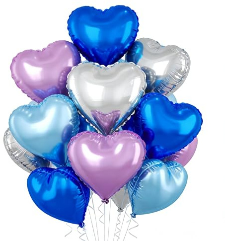 Herz Folienballon Blau Lila Silber, 18 Zoll Herz Helium Luftballons, Blau Lila Herzluftballons, Hellblau Silber Herzballons Hochzeit, Herzform Folienluftballon für Geburtstag Verlobung Valentinstag