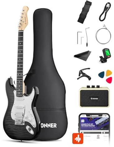 Donner DST-90 Chitarra Elettrica 39 Pollici, Kit Chitarra Elettrica per Principianti con Amplificatore, Pickup HSS, Custodia, Accordatore, Capotasto, Tracolla, Corde, Cavo e Plettri, Black Burst