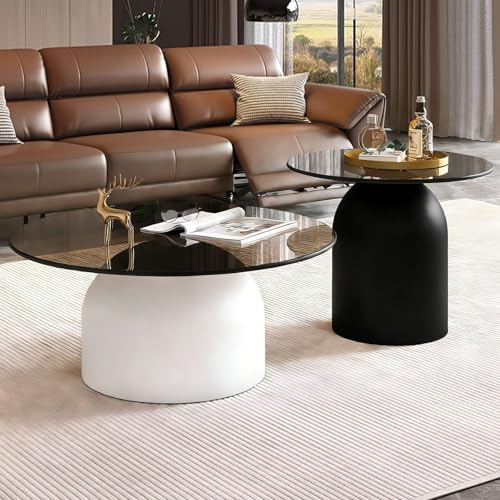 NEHCFO Set Mesas Nido Redondas 2 Piezas, Mesa de Centro Redonda de Cristal Templado Ahumado, Mesa Auxiliar Moderna de Diseño para Salón, Base Metálica(White+Black)