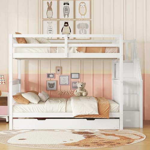 HUQIQWE Etagenbett 140x200 cmWeiß+Pine(mit ausziehbett), Hochbett Mit Treppenregal, Bett Mit Stauraum Und 2 Schubladen, Holzbett Aus Kiefer MDF Mit Hohen Geländern Für Schlafzimmer