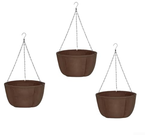 Macetas colgantes de tela marrón con cadenas, paquete de 3 bolsas de cultivo transpirables de 10 a 12 pulgadas, ganchos a prueba de óxido para jardín interior y exterior, balcón, patio, helechos