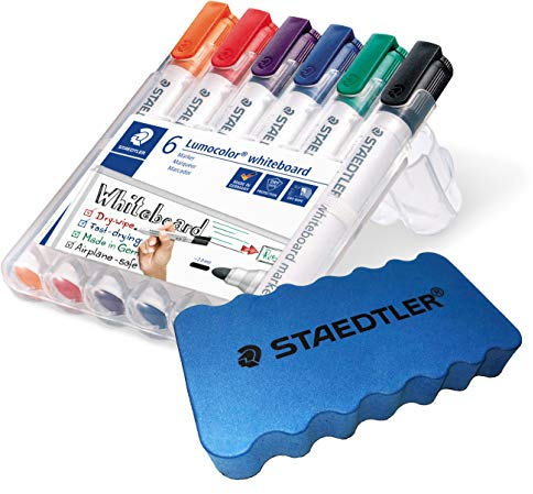 STAEDTLER Lumocolor 351 WP6 Whiteboard-Marker, Rundspitze ca. 2 mm Linienbreite, Set mit 6 Farben, hohe Qualität + original Whiteboard-Löscher