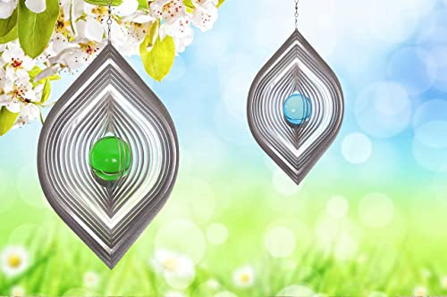 Illumino Edelstahl Windspiel 2er Set Blatt mit grüner 35 mm und Blatt mit grüner 50 mm Glaskugel für Garten und Wohnung Gartendeko Wohn und Fenster Deko