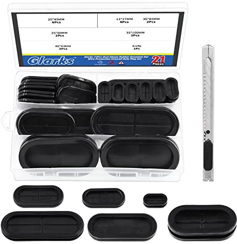 Glarks 21Pcs Oval Closed Rubber Grommet Assortment, 6 Size Double Sided Rubber Grommets Firewall Hole Plug Set Electrical Wire Gasket with 1Pc Retractable Knife for Wire, Plug, Automotive, Plumbing