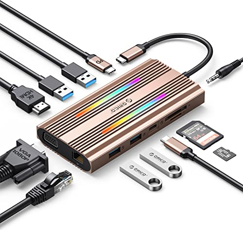 USB Docking Station, USB C Hub ORICO 12 en 1 con 4K HDMI, PD 100 W, Ethernet, 4 USB 3.0, SD/TF, VGA, 3,5 mm Audio, 14 Modos de iluminación RGB, Compatible con Windows/Mac OS