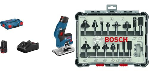 Bosch Professional Kantenfräse GKF 12V-8 (inkl. 2x3.0Ah Akku + Schnellladegerät, Spannzange 8mm, Maulschlüssel, in L-BOXX 136) + 15tlg. Fräser Set Mixed (für Holz, Zubehör Oberfräsen mit 8 mm Schaft)