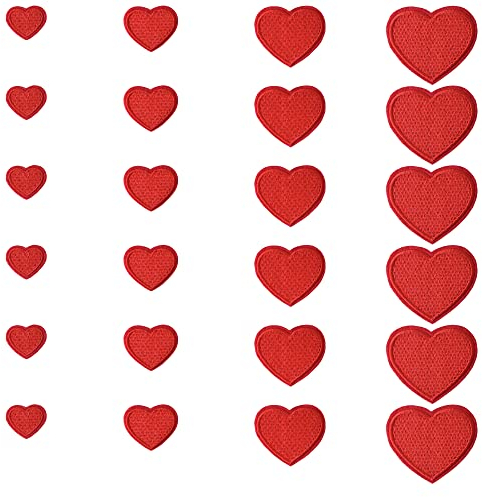 J.CARP 24pcs Red Heart Shape Iron on Patches, Mini Cute Heart Shape Iron-on/sew-on Patches Embroidered Applique decor Patches 4 Sizes Custom Patches for Clothing Jackets Backpacks Jeans Hats Bags