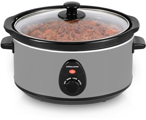 Andrew James 3.5L Slow Cooker, Removeable Easy Clean Ceramic Crock Pot Bowl, 3 Temperature Settings, Energy Efficient, Tempered Glass Lid, Cool Touch Handles & Non-Slip Feet (Grey)