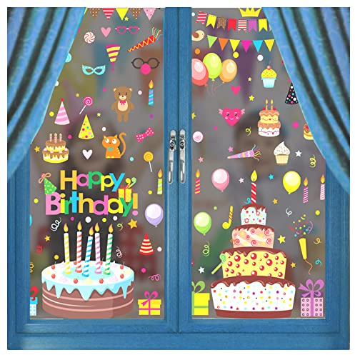 Happy Birthday Window Clings - Watercolor Cake Balloon Double-Sided Designs, Reusable Static Stickers for Boys Girls Party Decorations Supplies