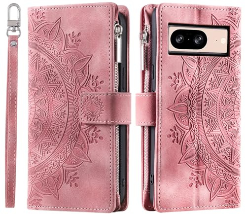 VEEMOS Wallet Case for Google Pixel 8 Flower Flip Case Protective Leather Folio Book Phone Cover with Card Slots Kickstand Zipper Pocket - Pink