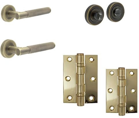 i IRONMONGERY SOLUTIONS Bathroom Pack of Door Handle, Bathroom Locks, Bathroom Turn & Release & Hinges - Pack of Door Handle in Antique Brass Finish & Dimensions 76mm x 50mm