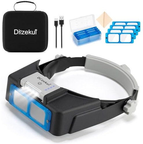 Dilzekui Magnifying Glass with Light 1.5X to 3.5X, Rechargeable Magnifying Glasses with Carry Case, Head Mount Magnifier with 4 Lens, Headband Magnifier Visor for Close Work Hobbies Cross Stitch