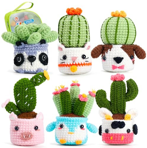 Crochetobe 6PCS Crochet Kit for Beginners Adults, Animal Succulent Pots Beginner Crochet Kit, Complete Crochet Set with Instructions and Video Tutorials, DIY Knitting kit for Succulent Plants Family